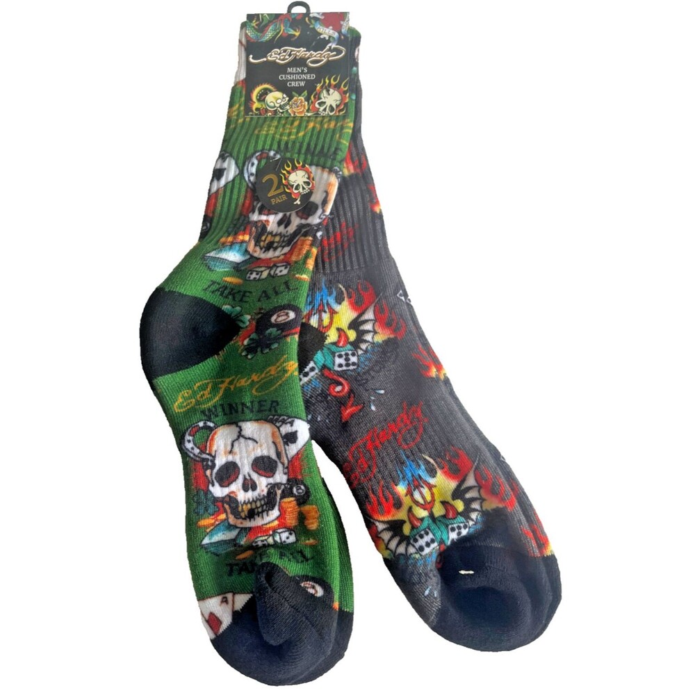 Ed Hardy Mens Cushioned Crew Socks 2 Pair Skull Dice Flames Eight Ball Size 6-12